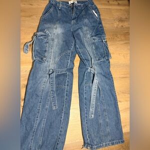 Blue Denim Cargo Jeans with Straps